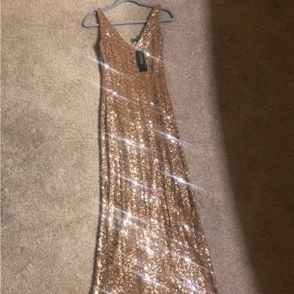 Vintage Lauren Ralph Lauren Evening Sequin V Neck Gold Gown Maxi Dress